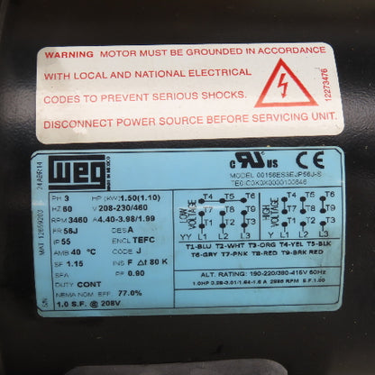 WEG 00156ES3EJP56J-S 1.5HP AC Electric Motor 3460RPM 208-230/460V 3PH 56J Frame