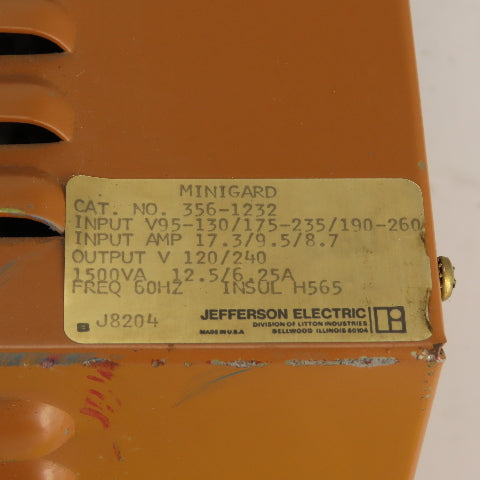 Jefferson Minigard 356-1232 1500VA 1PH Transformer Pri 95-260 Sec 120/240V 60HZ