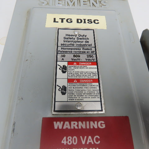 Siemens HFC361R 30A 600V 3-Ph Fusible Heavy Duty Safety Disconnect Switch