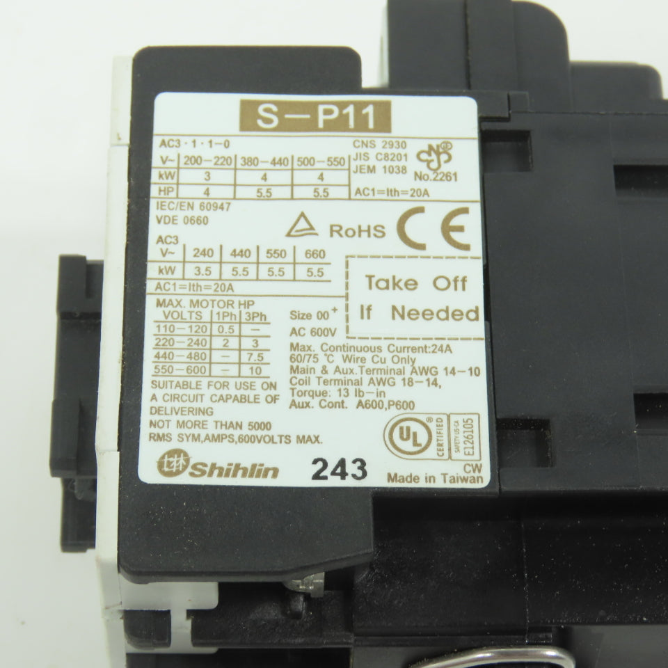 Shihlin S-P11 Size 00 600VAC Magnetic Contactor 10HP 24V Coil Lot Of 3