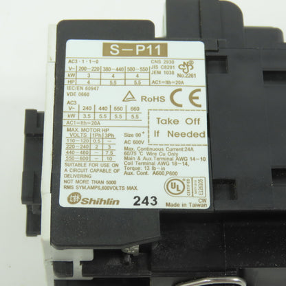Shihlin S-P11 Size 00 600VAC Magnetic Contactor 10HP 24V Coil Lot Of 3