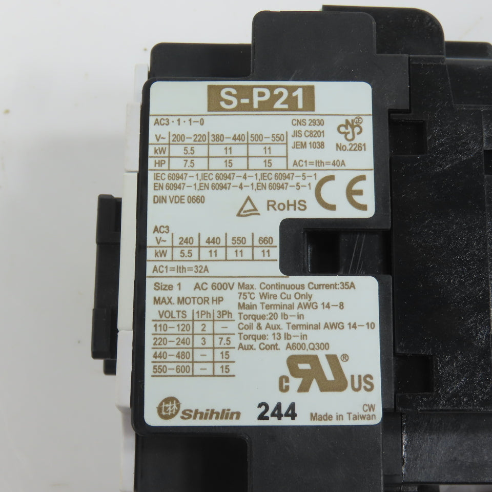 Shihlin S-P21 Size 1 600VAC Magnetic Contactor 15HP 24V Coil