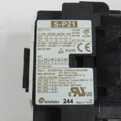 Shihlin S-P21 Size 1 600VAC Magnetic Contactor 15HP 24V Coil