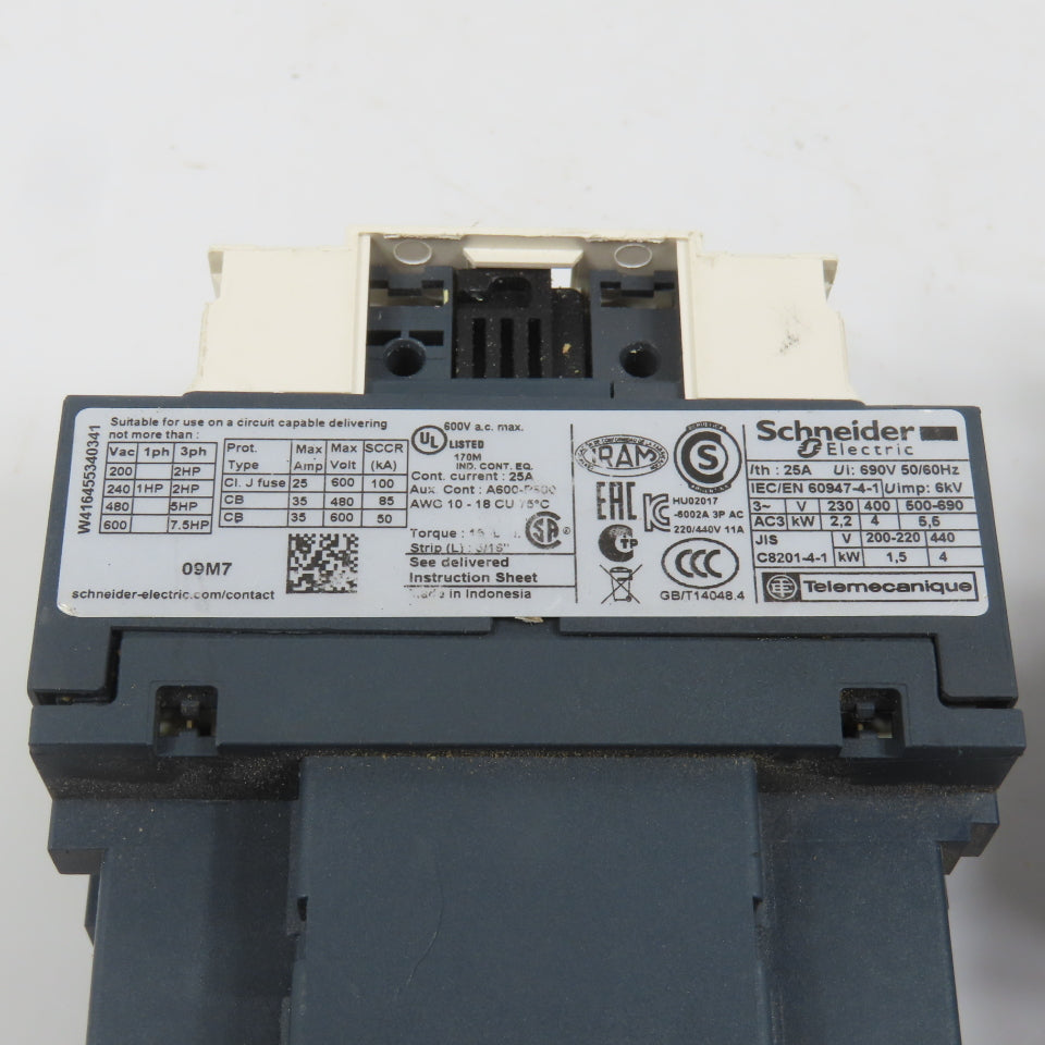 Schneider LC1D09M7 25A 600VAC Contactor Relay 7.5HP 220V Coil Lot Of 2