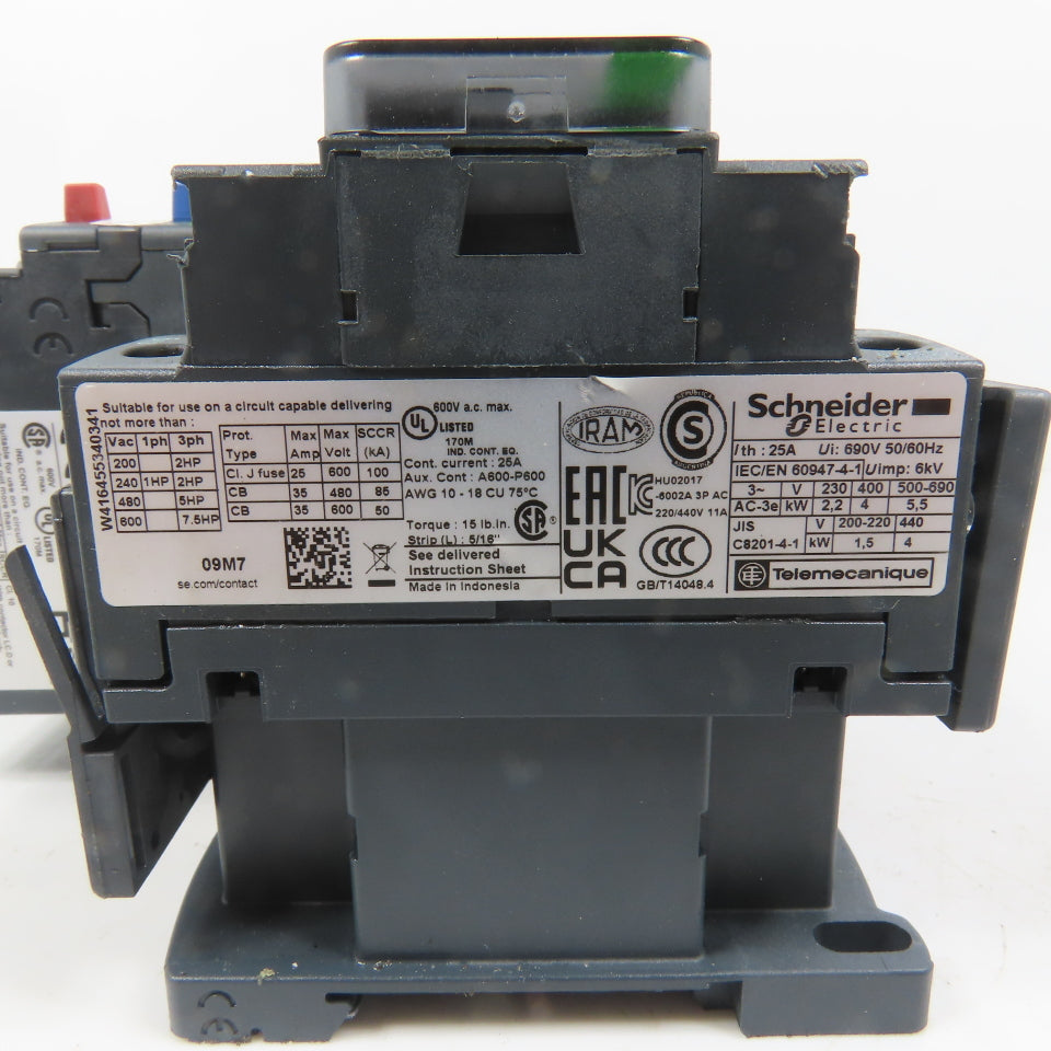 Schneider LC1D09M7 600VAC Reversing Contactor 7.5HP 220V Coil W/ LR3D06 Overload