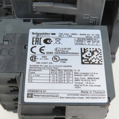Schneider LC1D09M7 600VAC Reversing Contactor 7.5HP 220V Coil W/ LR3D06 Overload