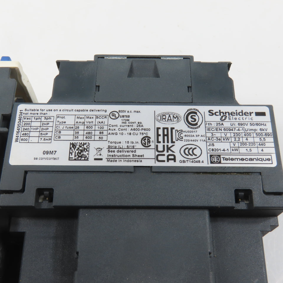 Schneider LC1D09M7 600VAC Contactor 7.5HP 220V Coil W/ LR3D07 Overload 1.6-2.5A