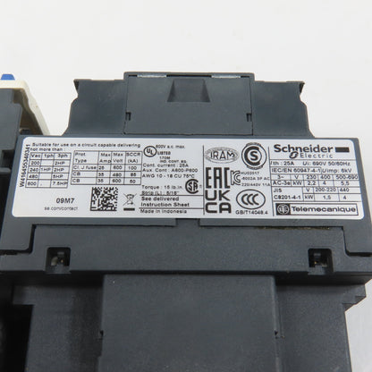 Schneider LC1D09M7 600VAC Contactor 7.5HP 220V Coil W/ LR3D07 Overload 1.6-2.5A