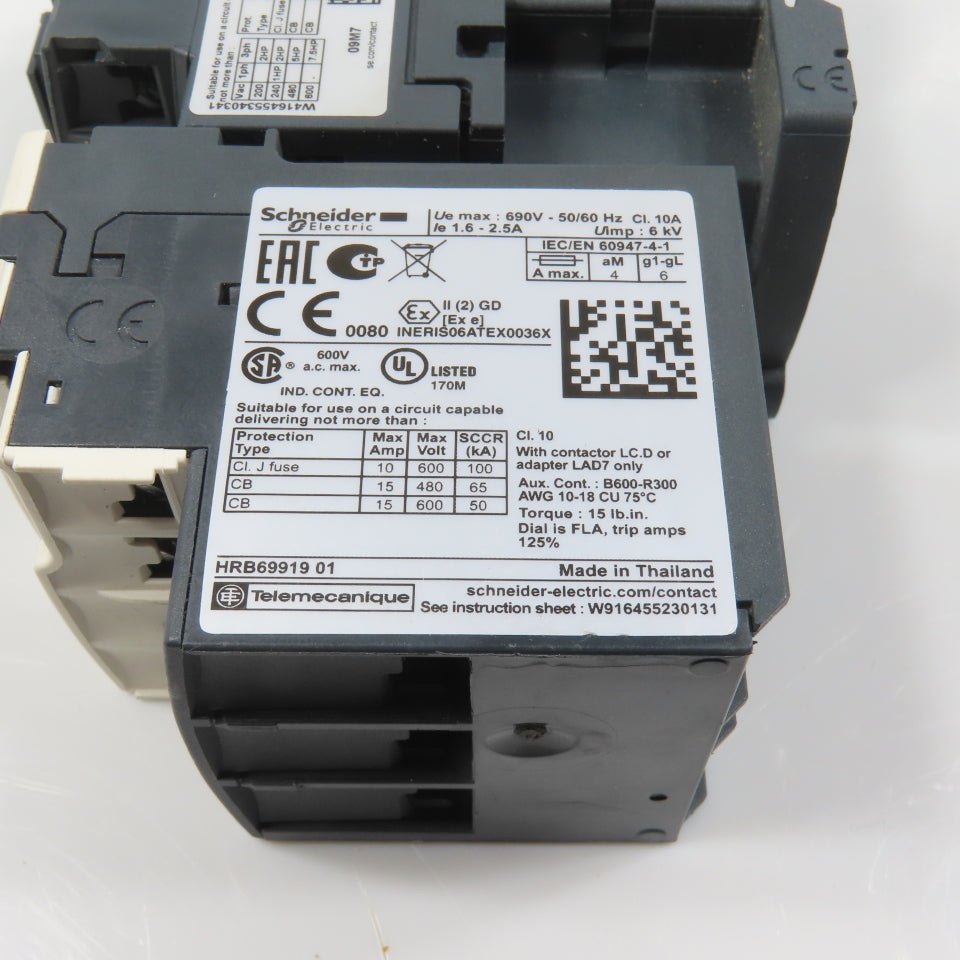 Schneider LC1D09M7 600VAC Contactor 7.5HP 220V Coil W/ LR3D07 Overload 1.6-2.5A
