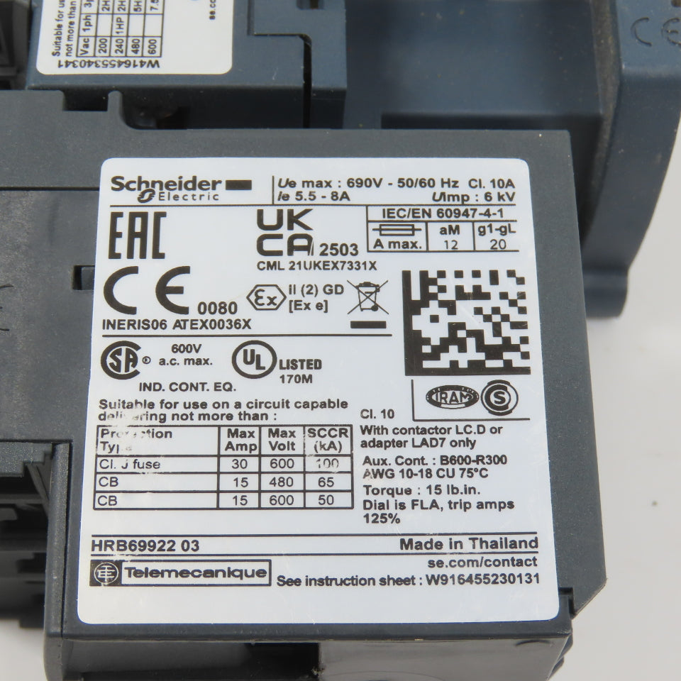 Schneider LC1D09F7 600VAC Contactor 7.5HP 110V Coil W/ LR3D12 Overload 5.5-8.0A