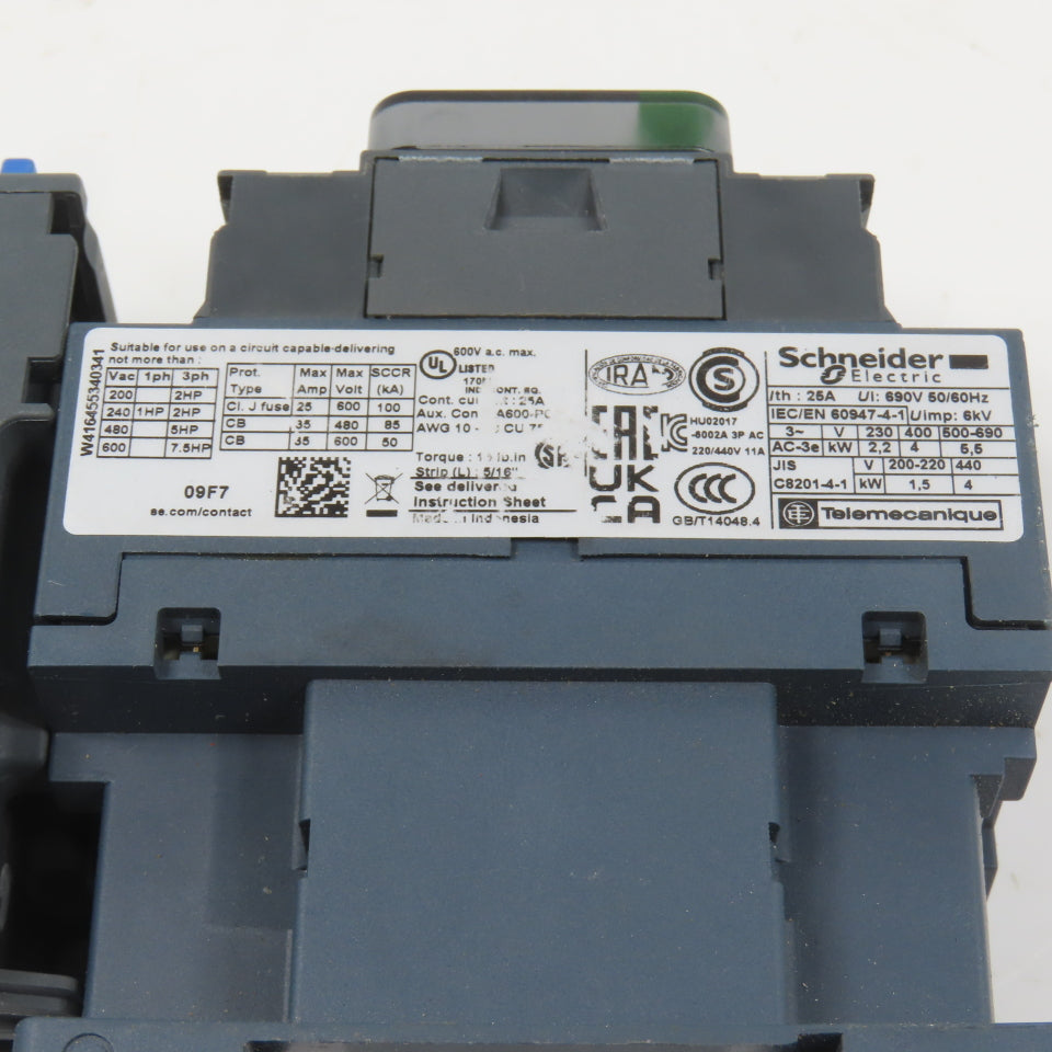 Schneider LC1D09F7 600VAC Contactor 7.5HP 110V Coil W/ LR3D12 Overload 5.5-8.0A