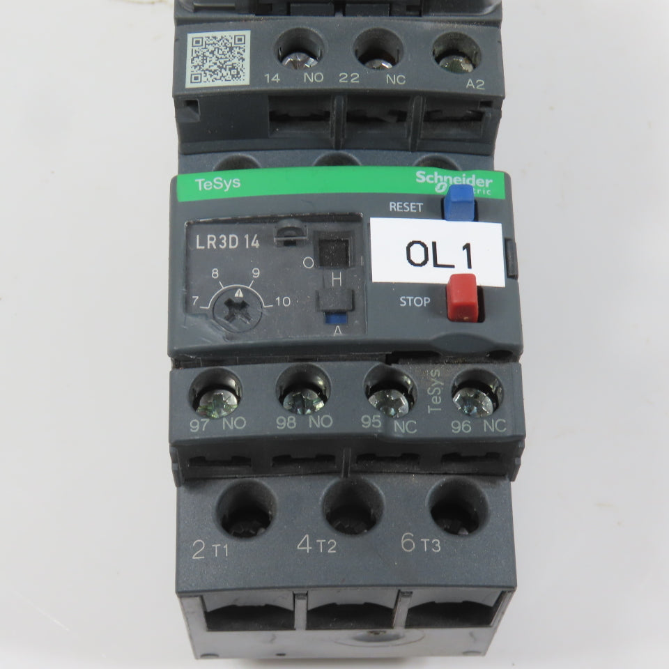 Schneider LC1D12M7 600VAC Contactor 10HP 220V Coil W/ LR3D14 Overload 7-10A