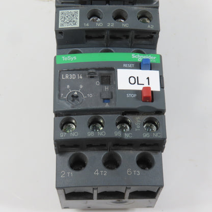 Schneider LC1D12M7 600VAC Contactor 10HP 220V Coil W/ LR3D14 Overload 7-10A