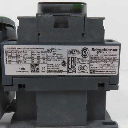 Schneider LC1D12M7 600VAC Contactor 10HP 220V Coil W/ LR3D14 Overload 7-10A
