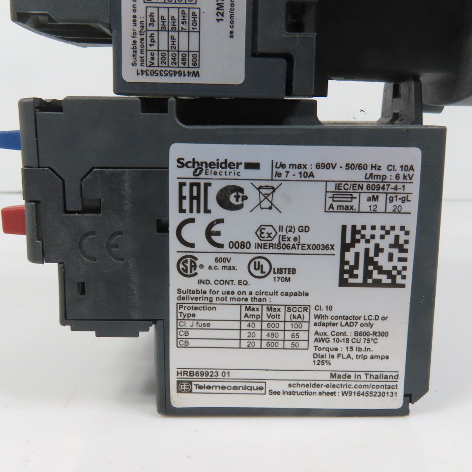 Schneider LC1D12M7 600VAC Contactor 10HP 220V Coil W/ LR3D14 Overload 7-10A