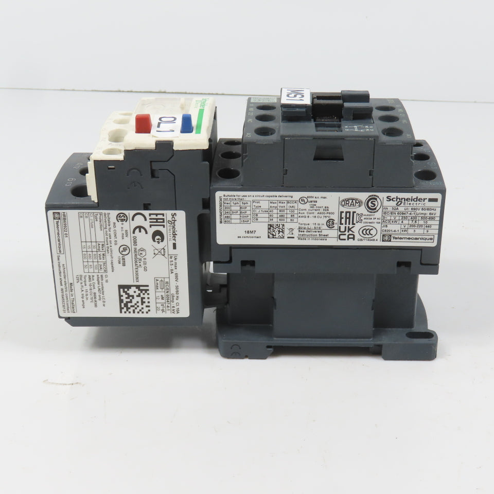 Schneider LC1D18M7 600VAC Contactor 15HP 220V Coil W/ LR3D12 Overload 5.5-8A