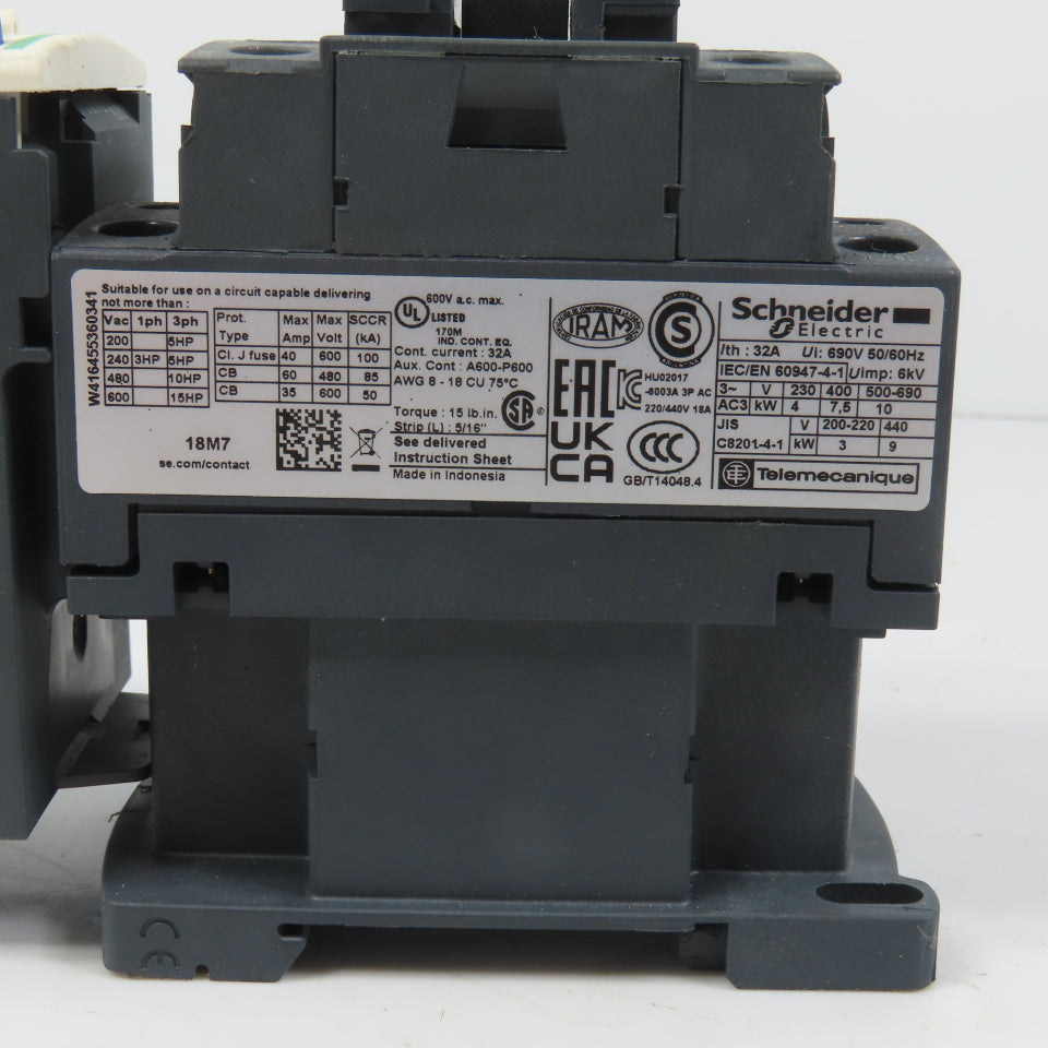 Schneider LC1D18M7 600VAC Contactor 15HP 220V Coil W/ LR3D12 Overload 5.5-8A