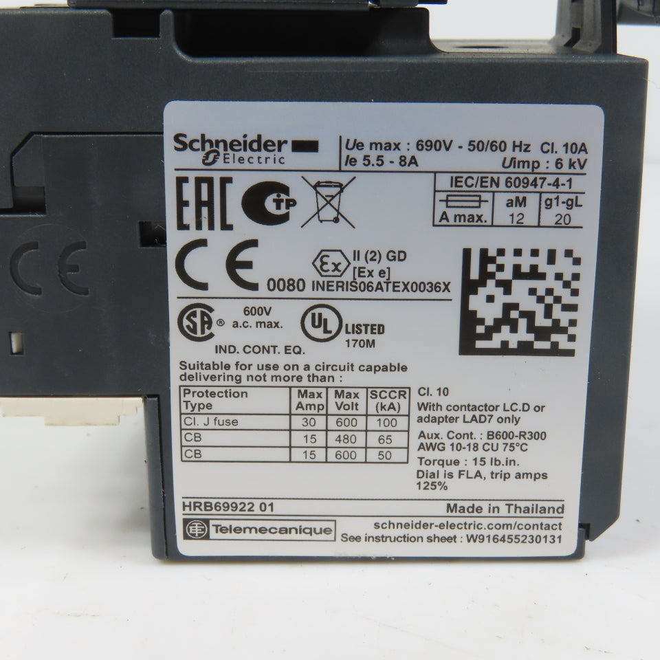 Schneider LC1D18M7 600VAC Contactor 15HP 220V Coil W/ LR3D12 Overload 5.5-8A