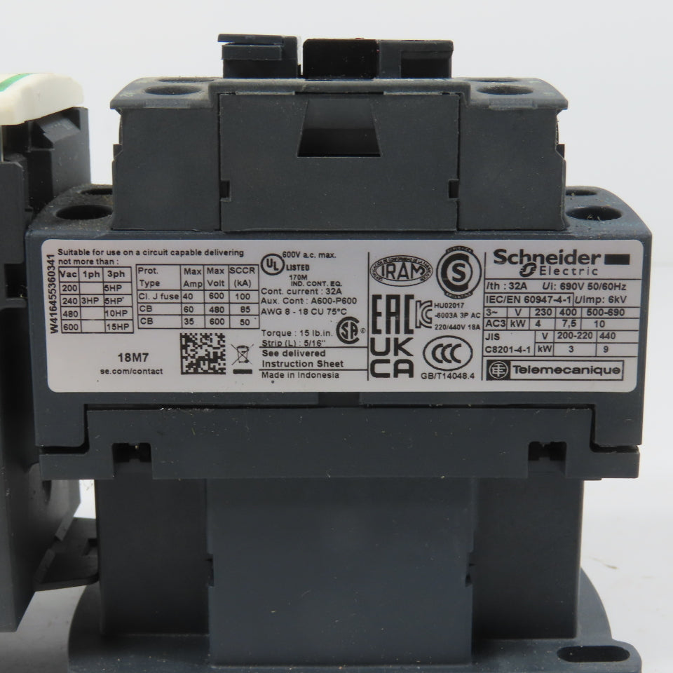 Schneider LC1D18M7 600VAC Contactor 15HP 220V Coil W/ LR3D21 Overload 12-18A