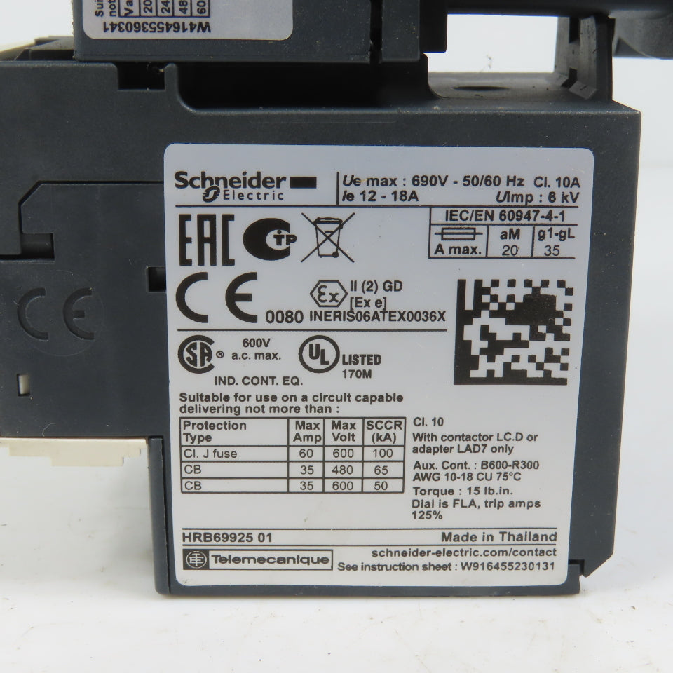 Schneider LC1D18M7 600VAC Contactor 15HP 220V Coil W/ LR3D21 Overload 12-18A