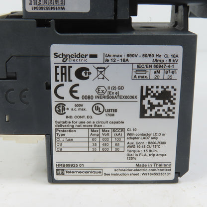 Schneider LC1D18M7 600VAC Contactor 15HP 220V Coil W/ LR3D21 Overload 12-18A
