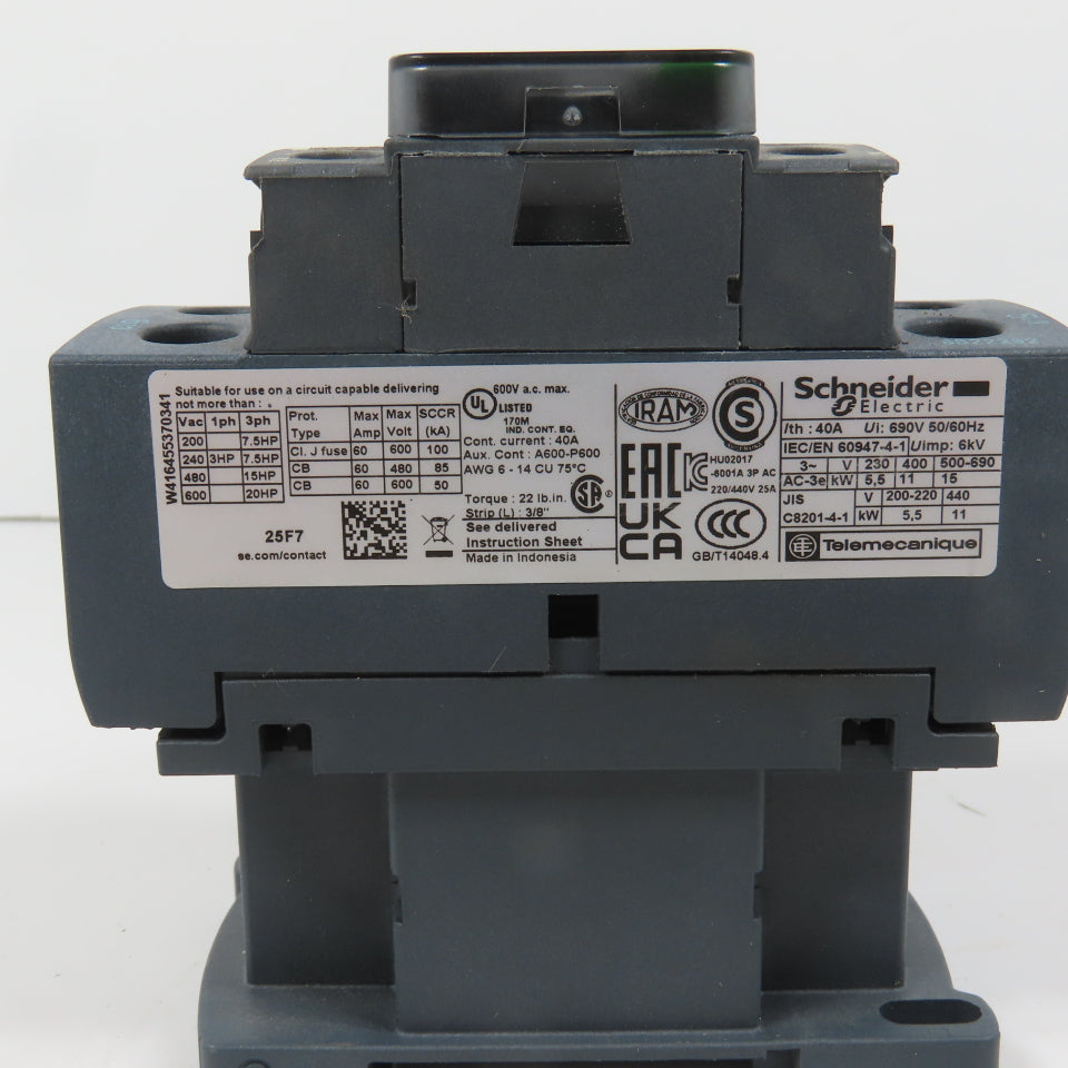 Schneider LC1D25F7 600VAC Contactor 20HP 110V Coil
