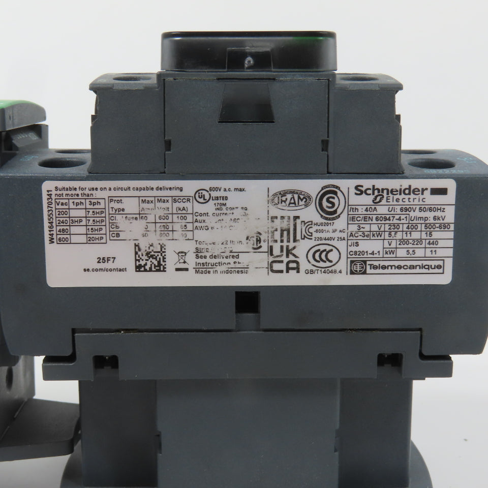 Schneider LC1D25F7 600VAC Contactor 20HP 110V Coil W/ LR3D22 Overload 16-24A