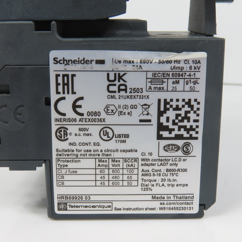 Schneider LC1D25F7 600VAC Contactor 20HP 110V Coil W/ LR3D22 Overload 16-24A