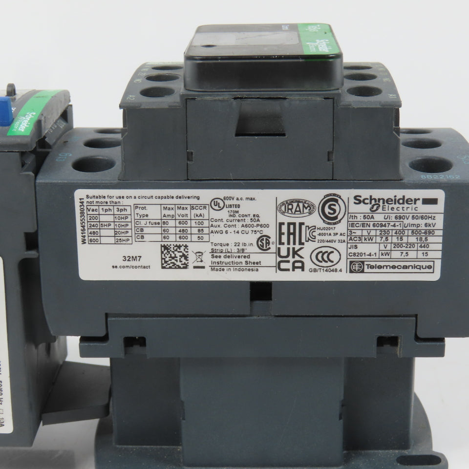 Schneider LC1D32M7 600VAC Contactor 25HP 220V Coil W/ LR3D32 Overload 23-32A