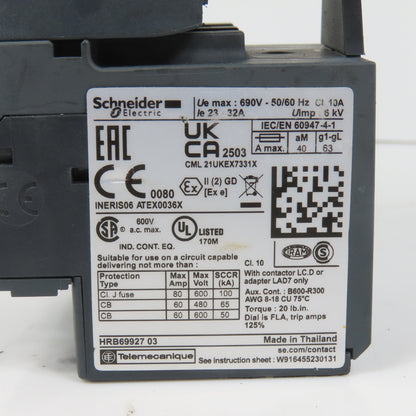Schneider LC1D32M7 600VAC Contactor 25HP 220V Coil W/ LR3D32 Overload 23-32A