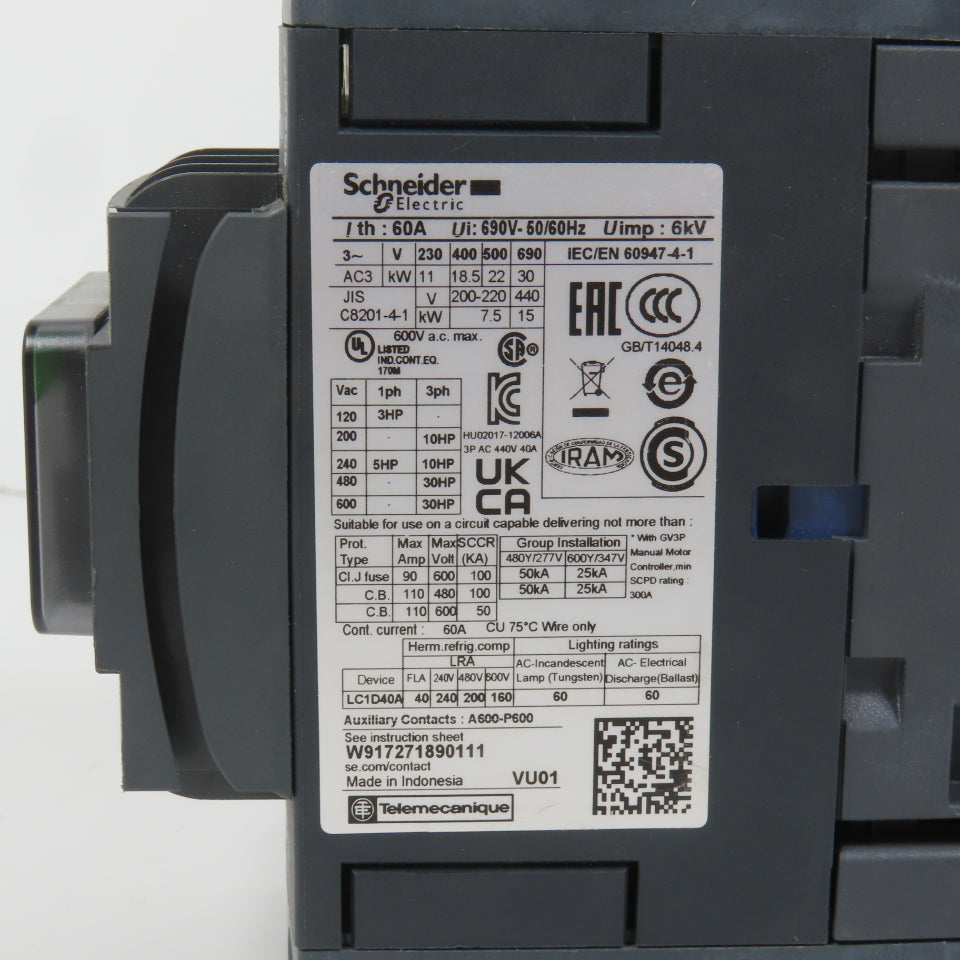 Schneider LC1D40AM7 600VAC Contactor 30HP 220V Coil