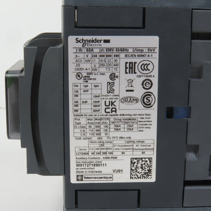 Schneider LC1D40AM7 600VAC Contactor 30HP 220V Coil