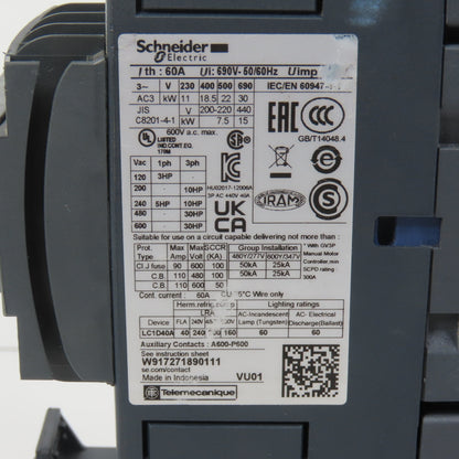 Schneider LC1D40AM7 600VAC Contactor 30HP 220V Coil W/ LR3D332 Overload 23-32A