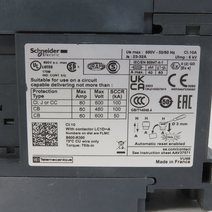 Schneider LC1D40AM7 600VAC Contactor 30HP 220V Coil W/ LR3D332 Overload 23-32A