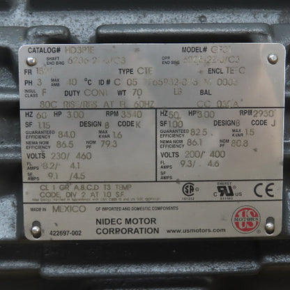 US Nidec HD3P1E GF01 3HP AC Electric Motor 3540RPM 230/460V 182T Frame Tested