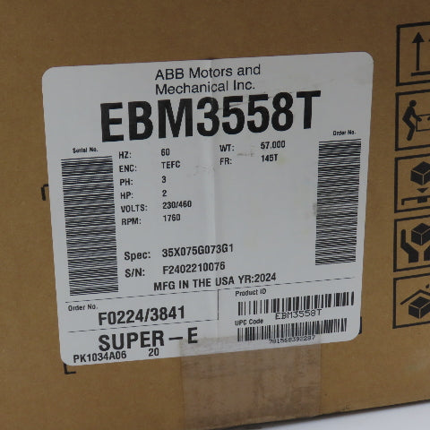 Baldor EBM3558T 2HP AC Electric Brake Motor 1760RPM 230/460V 145T Frame NEW
