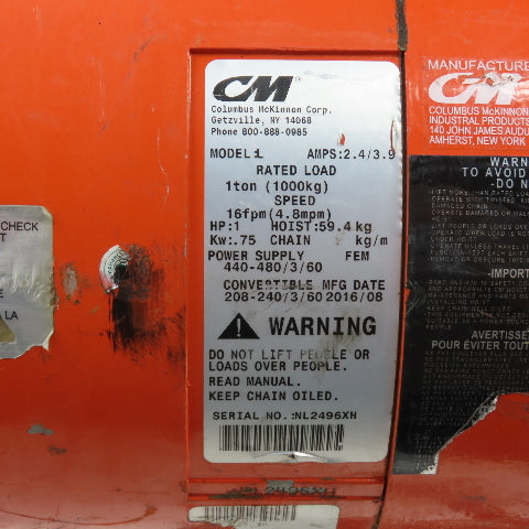 CM Lodestar Model L 1 Ton 2000 LB Electric Chain Hoist 15' Lift 16FPM 230/460V