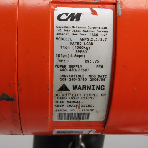 CM Lodestar Model L 1 Ton Electric Chain Hoist 15' Lift 16FPM 230/460V W/Trolley