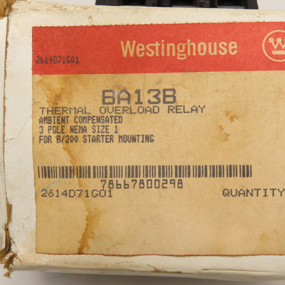 Westinghouse BA13B 600V Thermal Overload Relay For B/200 Size 1 Starter
