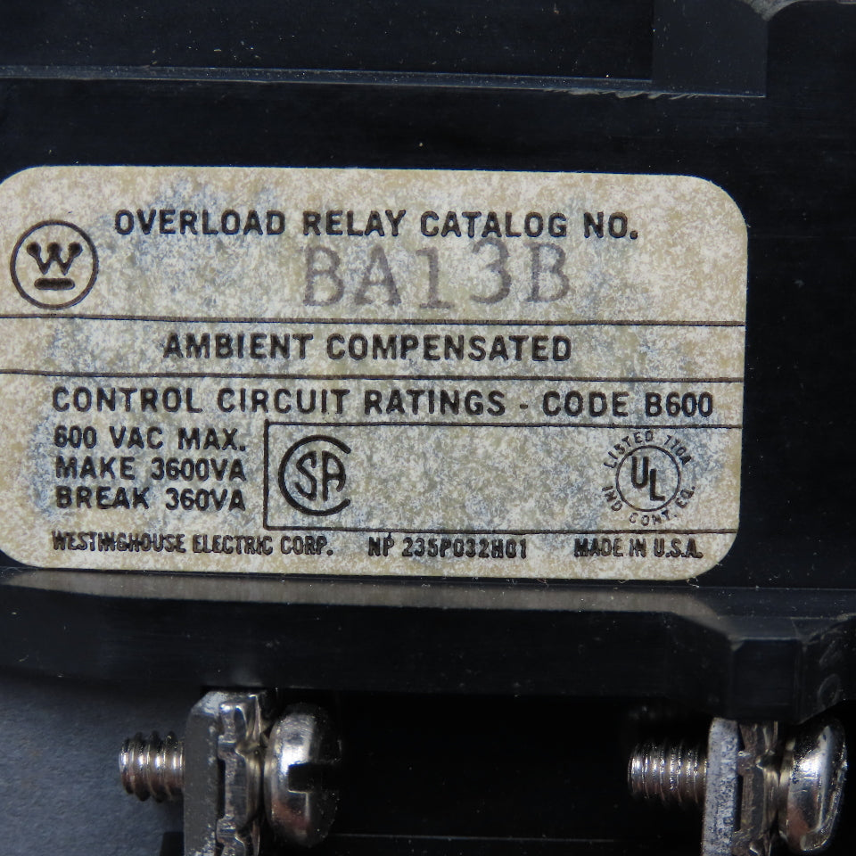 Westinghouse BA13B 600V Thermal Overload Relay For B/200 Size 1 Starter