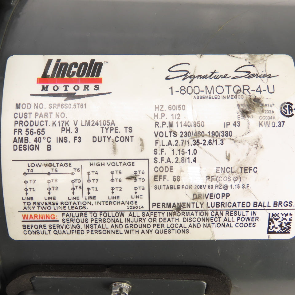 Lincoln SRF6S0.5T61 1/2HP AC Electric Motor 1140RPM 230/460V 3PH 56-65 Frame