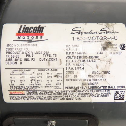 Lincoln SRF6S0.5T61 1/2HP AC Electric Motor 1140RPM 230/460V 3PH 56-65 Frame