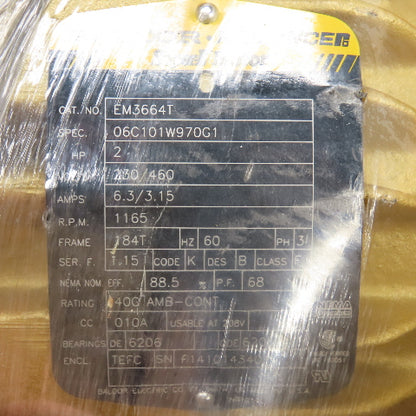 Baldor EM3664T 2HP AC Electric Motor 1165RPM 208-230/460V 3PH 184T Frame NEW