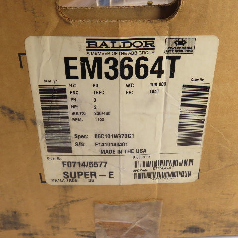 Baldor EM3664T 2HP AC Electric Motor 1165RPM 208-230/460V 3PH 184T Frame NEW