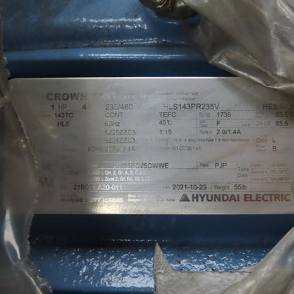 Hyundia HEE1-18-143TC 1HP AC Electric Motor 208-230/460V 3PH 1735RPM 145TC Fr.