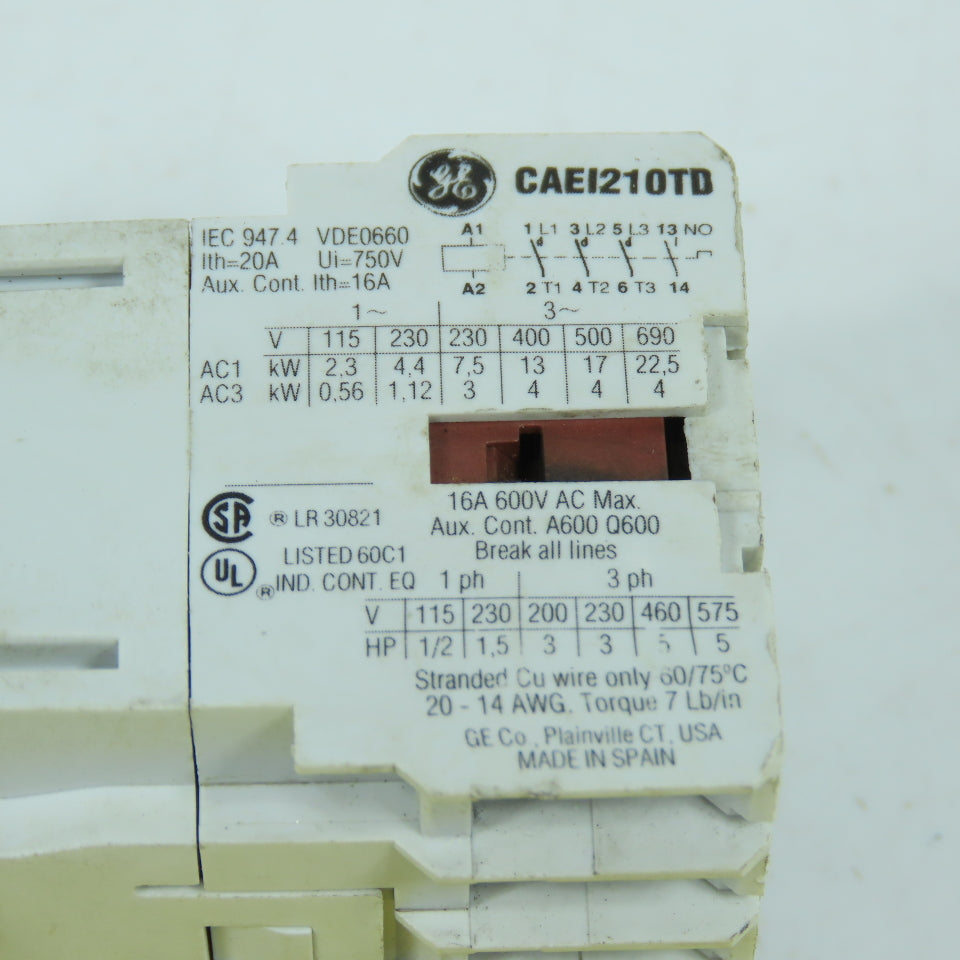 General Electric CAEI210TD 10E 16A Contactor 600VAC Max 5HP 24VDC Coil MB0ID