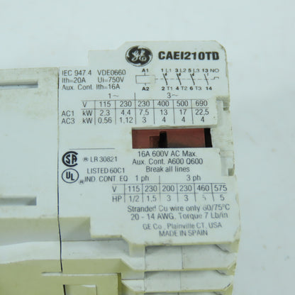 General Electric CAEI210TD 10E 16A Contactor 600VAC Max 5HP 24VDC Coil MB0ID