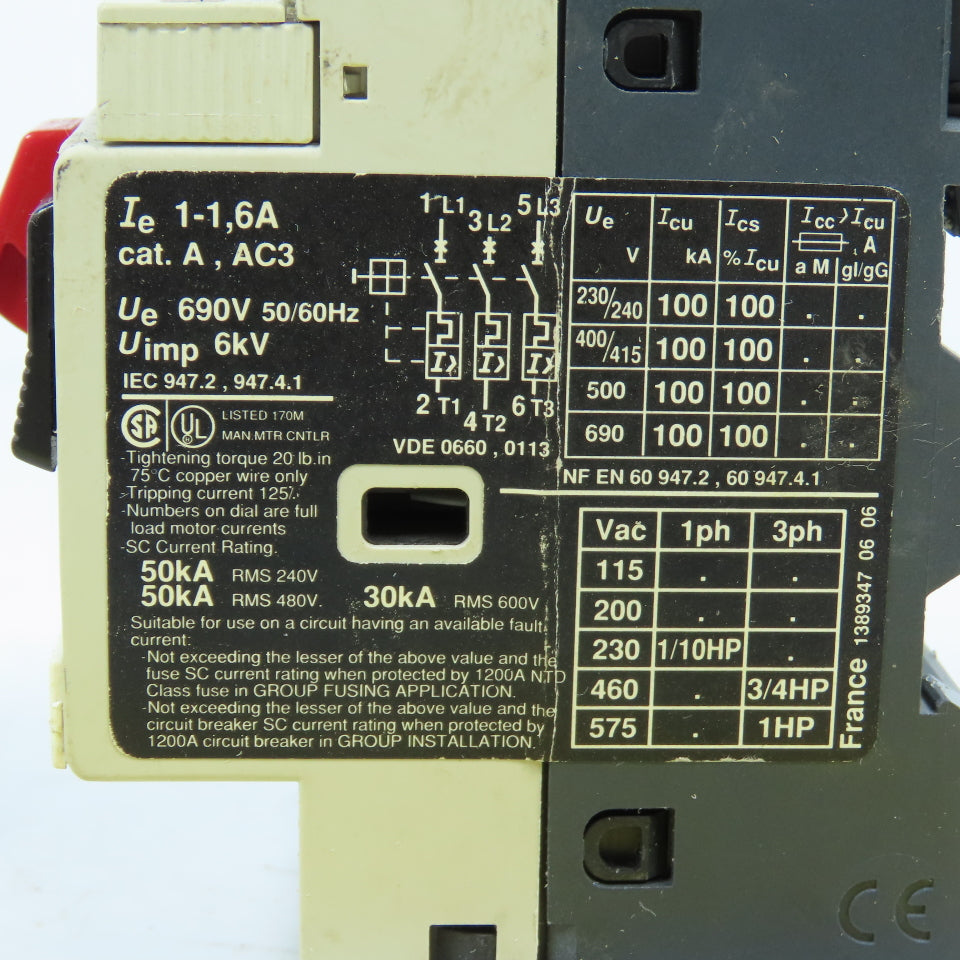 Telemecanique GV2-M06 1-1.6A Motor Circuit Breaker Protector 1HP Max 690V Lot/2
