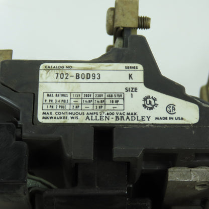 Allen Bradley 702-BOD93 SerK Size 1 Motor Starter Contactor 10HP 120V Coil Lot/2