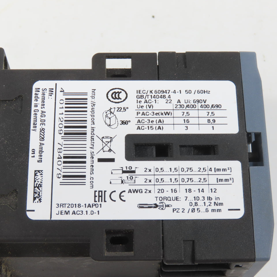 Siemens 3RT2018-1AP01 Sirius 16A 10HP AC Contactor 230V Coil